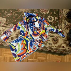 Matching mini skirt and long sleeve silky shirt